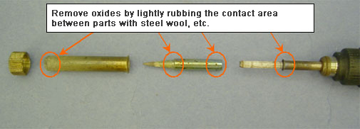 Remove oxides by rubbing the contact area between the parts with steel wool, etc., lightly.