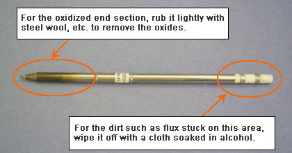 Remove the oxides on the tip head, rubbing it with steel wool or the like. Take off the dirts of flux, etc., on this area wiping it with alcohol.