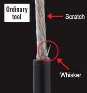 Conventional tools cannot cut all the way through, and often leave behind whiskers of insulation or scratch the wire.