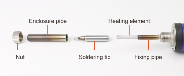 Nut, enclosure pipe, and soldering tip removed from the soldering iron