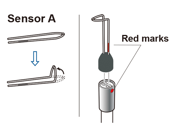 Insert the sensor A in such a way that a red mark of the sensor foot aligns with a red mark on the temperature probe.